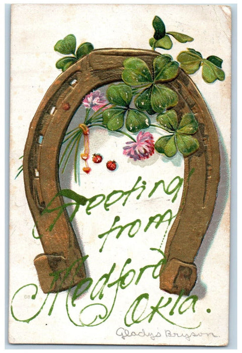 1907 Greetings from Medford Oklahoma OK Horseshoe Leaf Embossed Postcard