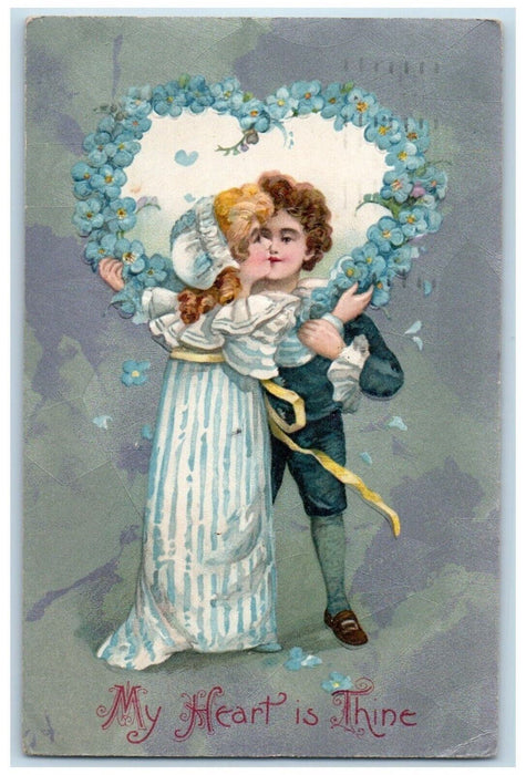 1913 Valentine Couple Kissing Big Heart Pansies Flowers Winsch Back Postcard