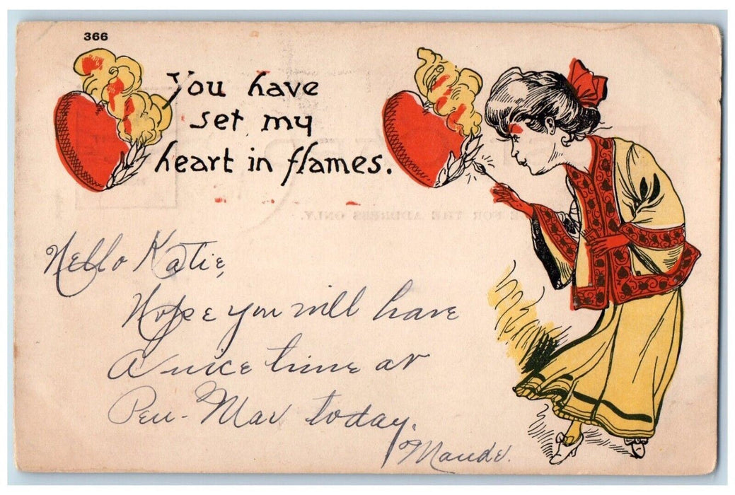 1908 Valentine Woman Heart Burning Hagerstown Maryland MD Antique Postcard
