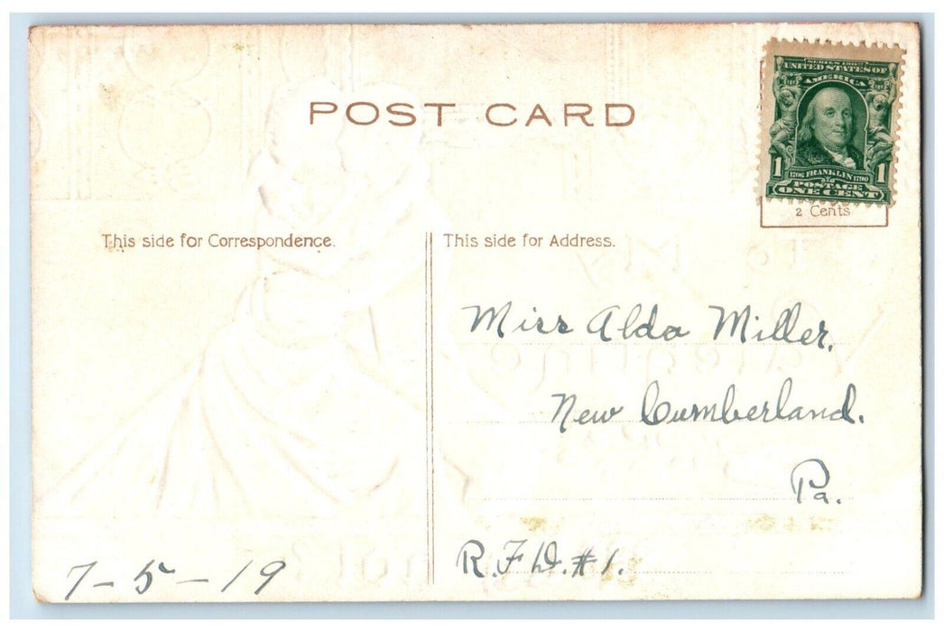 c1910's Valentine Sweet Couple Kissing Cupid Angel Embossed Antique Postcard