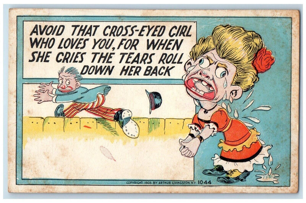1907 Valentine Woman Crying Cross Eyed Humor Pottsgrove PA Antique Postcard