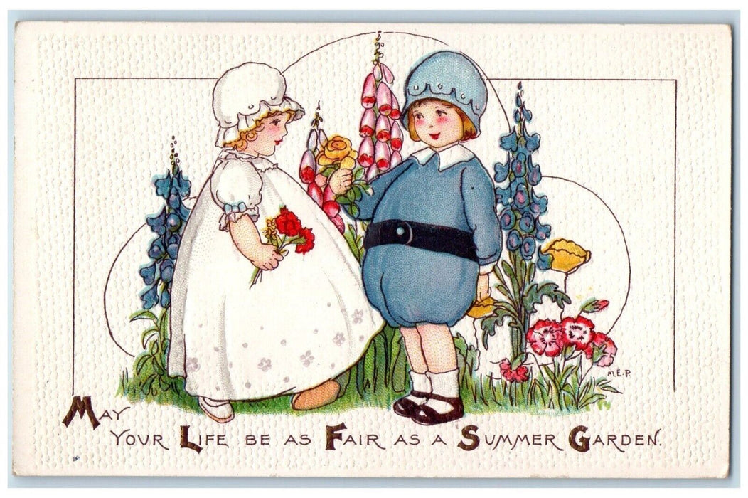 c1910's Valentine Children Flowers Summer Garden Embpssed Antique Postcard