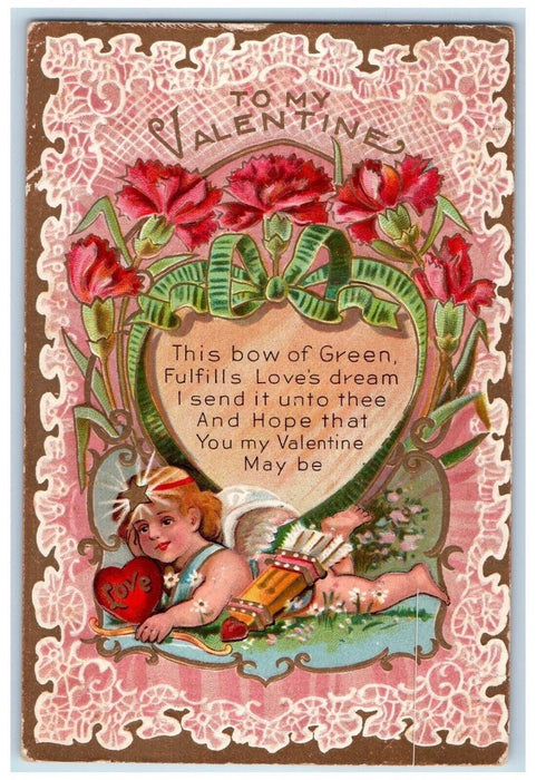 1909 Valentine Cupid Angel Flowers Embossed New Market MD Antique Postcard