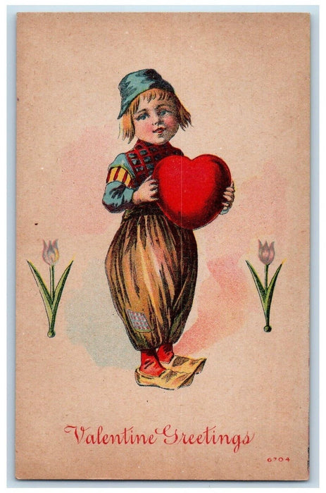 c1910's Valentine Greetings Dutch Boy Heart Flowers Unposted Antique Postcard