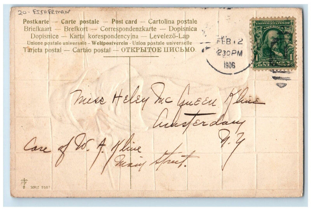 1906 Valentine Dutch Boy Fisherman Net Embossed Posted Antique Postcard