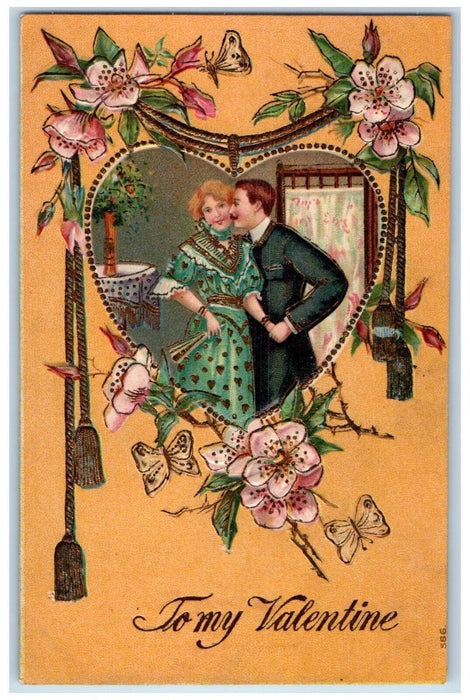 c1910's Valentine Sweet Couple Heart Flowers Embossed Posted Antique Postcard