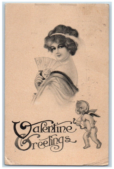 1914 Valentine Greetings Pretty Woman Cupid Angel Barnesville Ohio OH Postcard