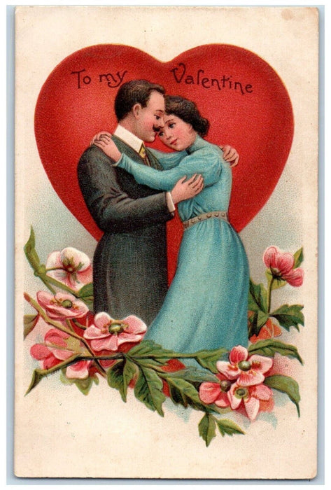 c1910's Valentine Sweet Couple Heart Flowers Embossed Unposted Antique Postcard