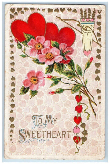 1913 Valentine Hearts Pink Flowers Embossed Lestershire New York NY Postcard