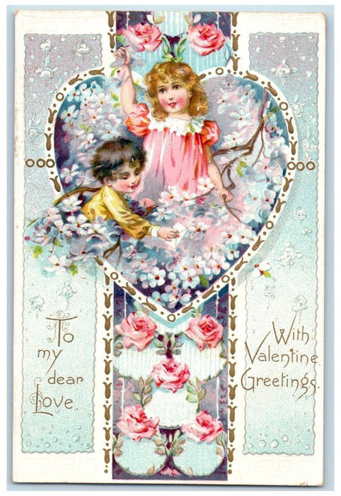 c1910's Valentine Greetings Hearts Child Flowers Embossed Tuck's Posted Postcard