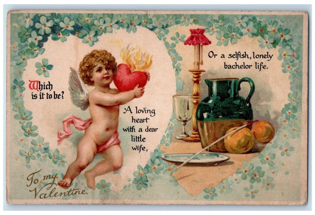 c1910's Valentine Heart Angel Pansies Flowers Jar Glass Antique Postcard