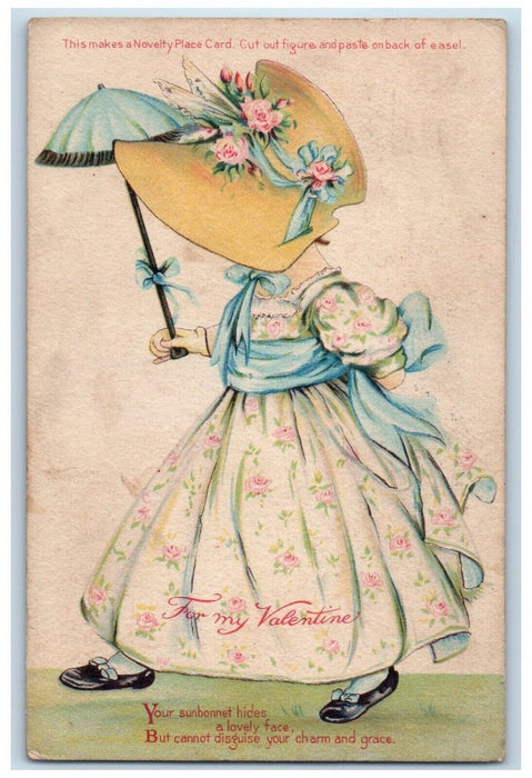 1914 Valentine Girl Dress Big Hat Flowers Chicago Illinois IL Antique Postcard