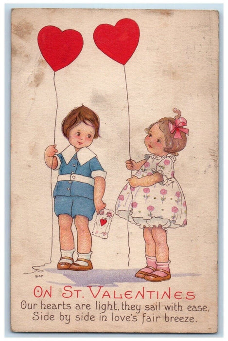 c1910's Valentine Children Heart Balloons And Letter Posted Antique Postcard