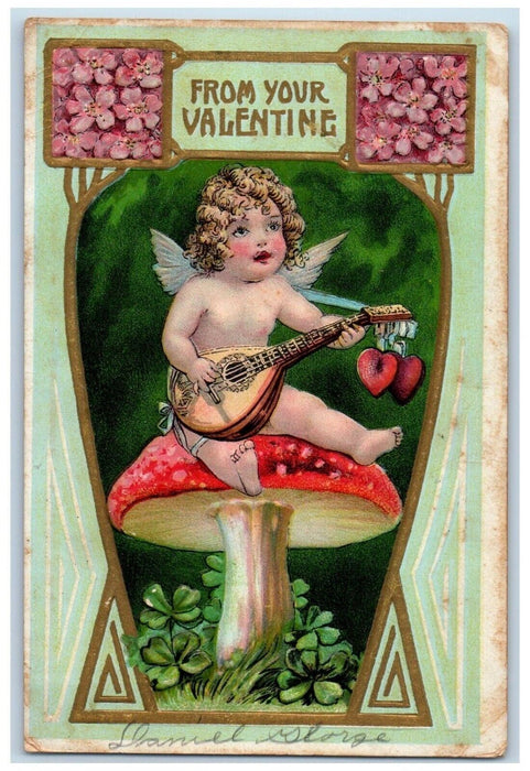 c1910's Valentine Angel Playing Guitar Mushroom Flowers Embossed Postcard