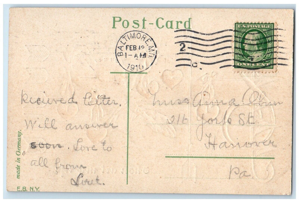 1910 Valentine Angel Heart Arrow J Cliff Embossed Baltimore MD Antique Postcard