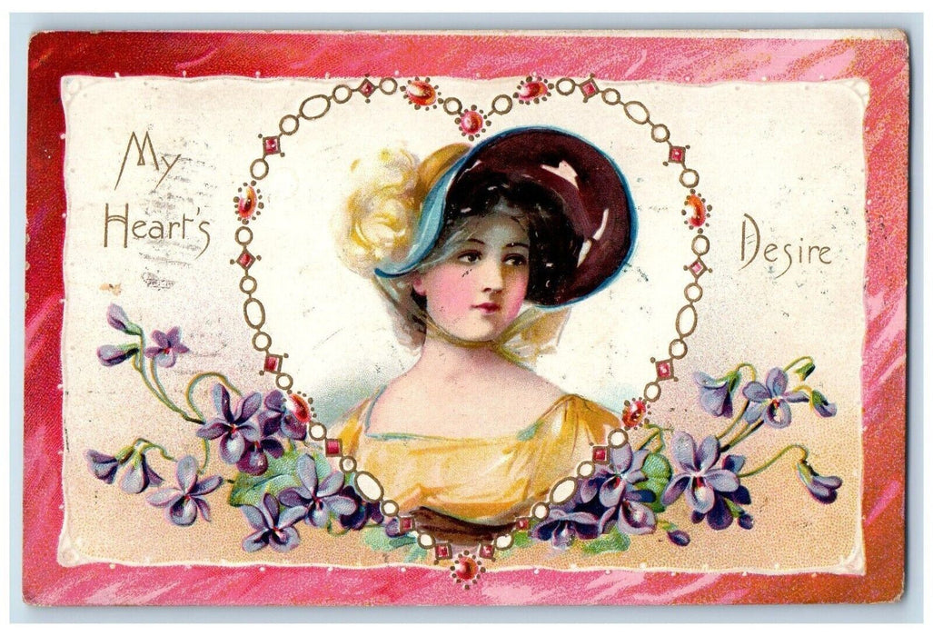 c1910's Valentine Heart Pretty Woman Pansies Flowers Embossed Tuck's Postcard