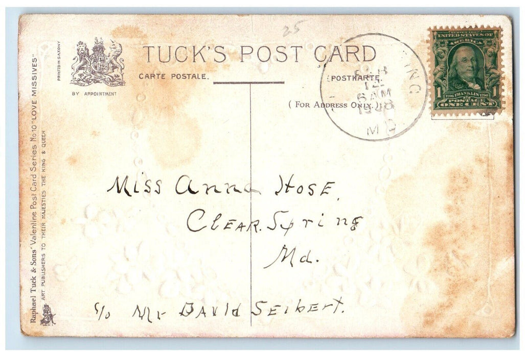 c1910's Valentine Heart Pretty Woman Pansies Flowers Embossed Tuck's Postcard