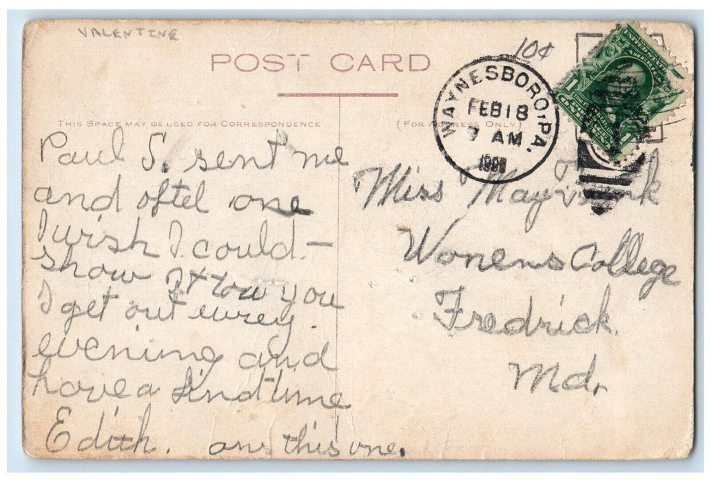 1908 Valentine Old Couple Cigar Letter Waynesboro Pennsylvania PA Postcard
