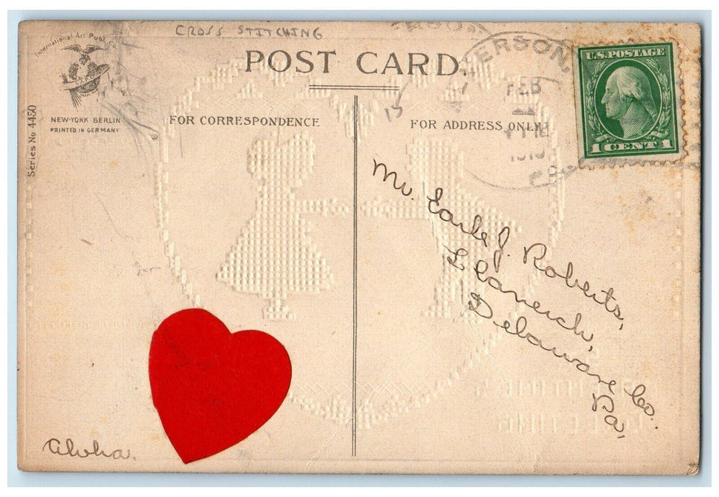 Valentine Greetings Cross Stitching Ellen Clapsaddle Artist Signed Postcard