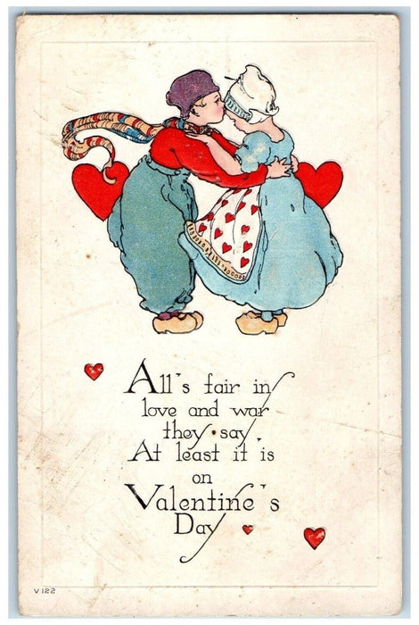 c1910's Valentine Sweet Dutch Couple Hearts Embossed Posted Antique Postcard