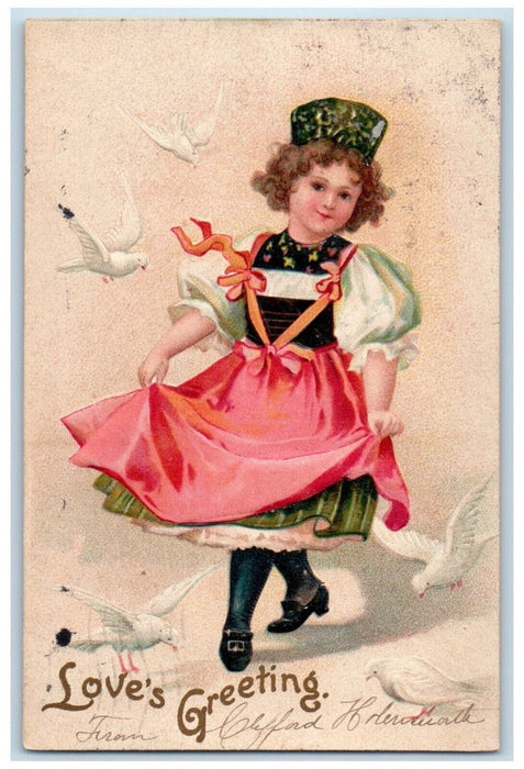 1908 Valentine Greeting Girl Dress Dove Clapsaddle Embossed Antique Postcard