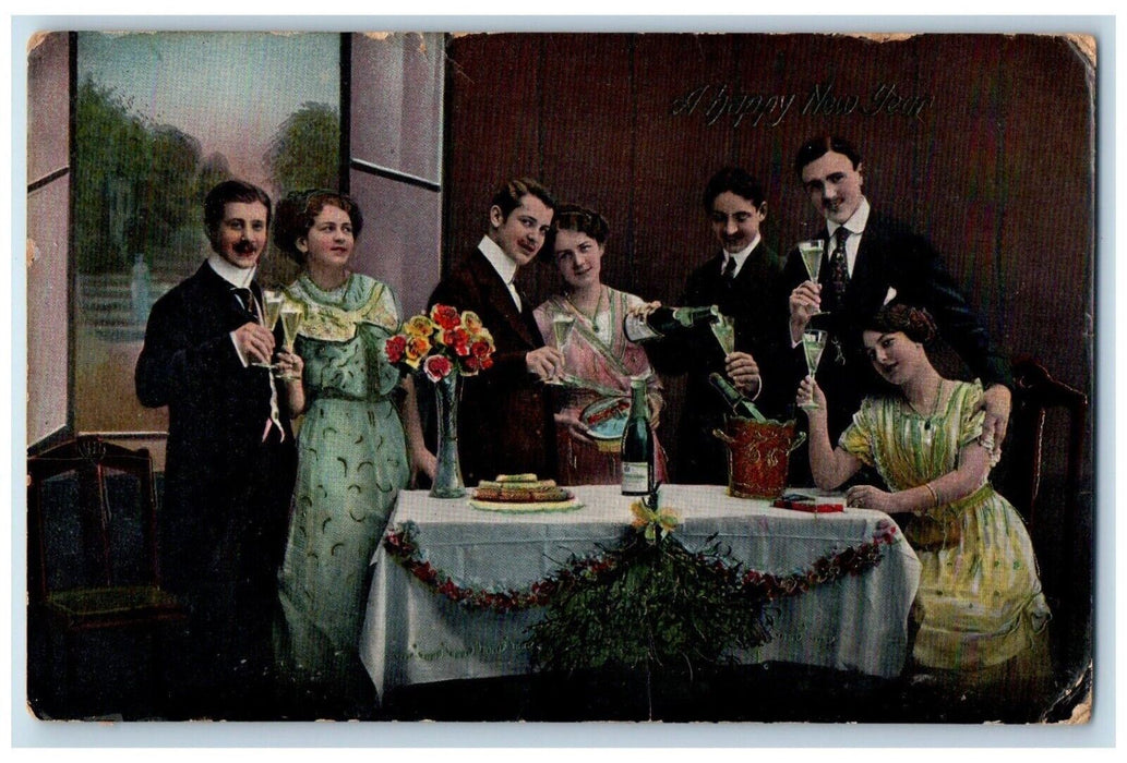 1914 Happy New Year Couples Champagne Flowers Franklin Grove IL Antique Postcard