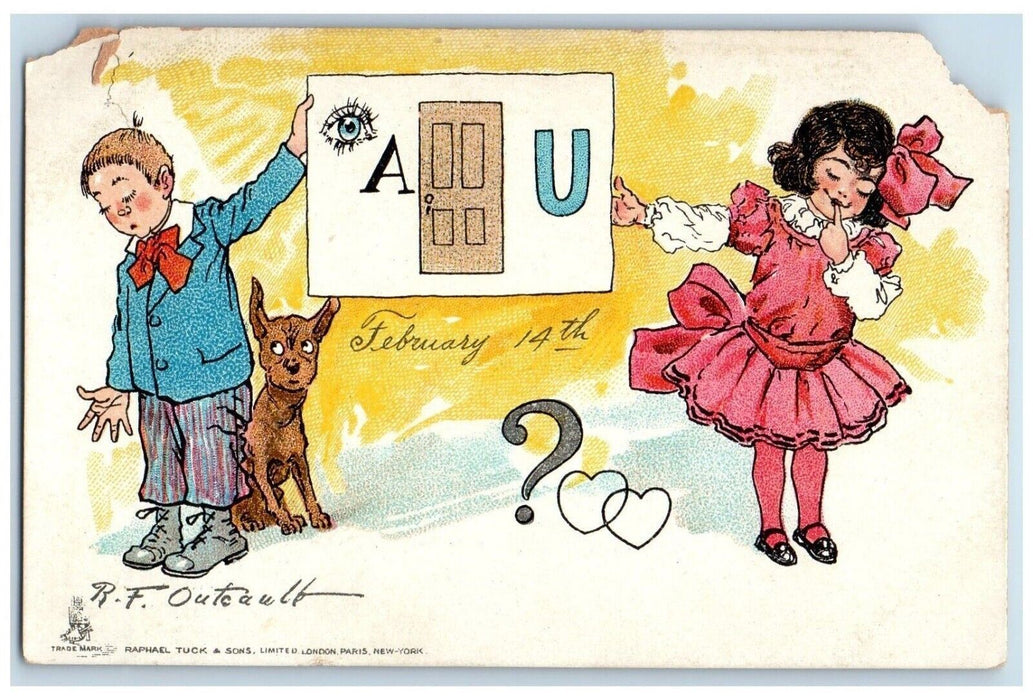 c1905 Valentine Feb 14th Children Dog Puzzle Outcault Unposted Antique Postcard