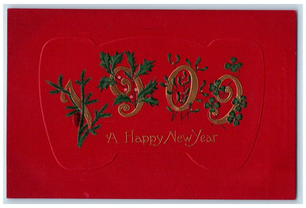1909 Happy New Year Numbers Holly Berries Pine Cone Shamrock Antique Postcard