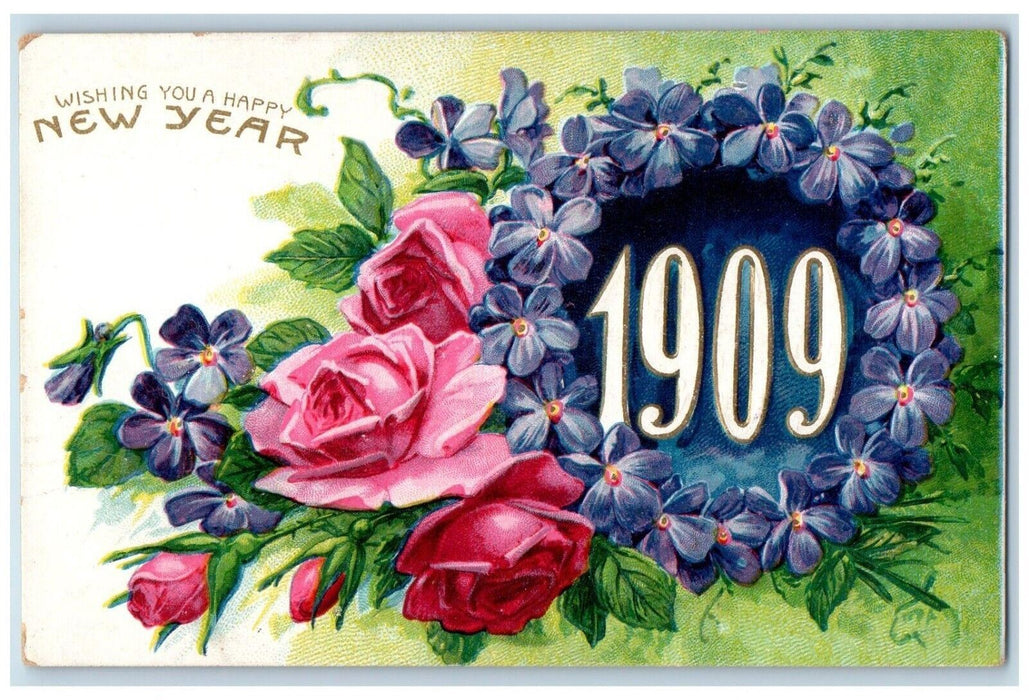 1909 New Year Pansies Flowers Roses Pink Embossed Posted Antique Postcard
