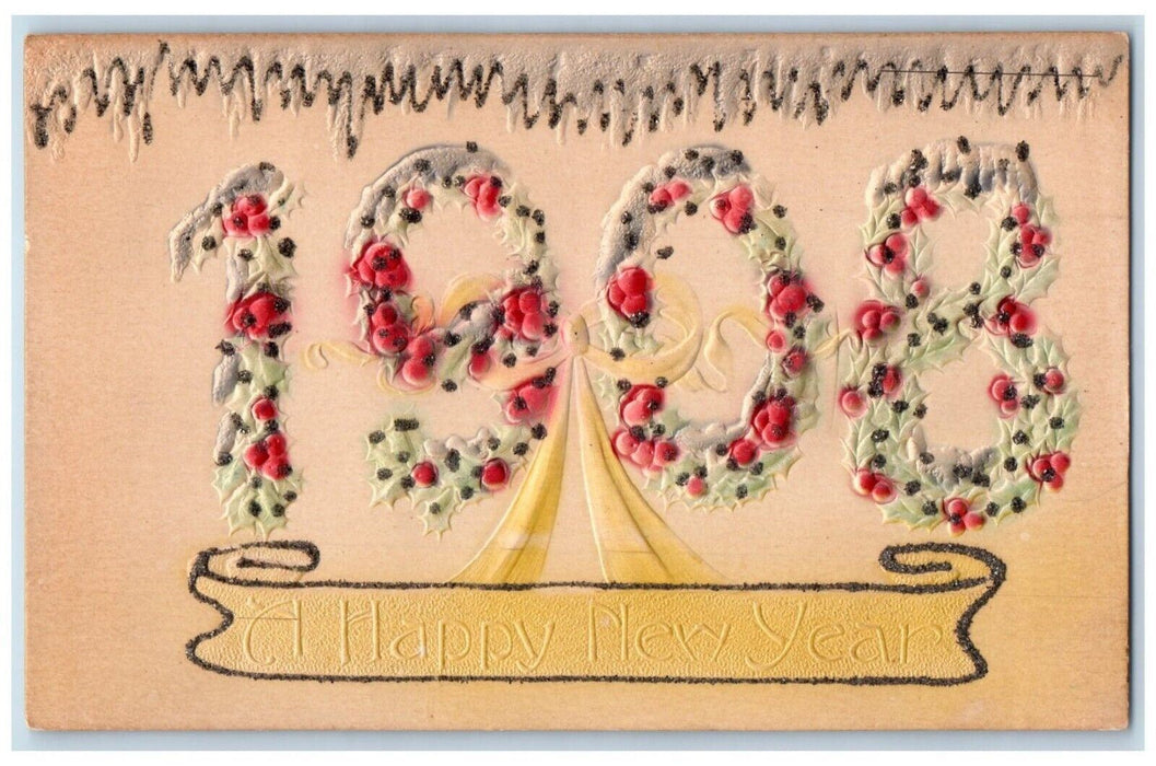 1908 Happy New Year Large Numbers Holly Berries Embossed Posted Antique Postcard
