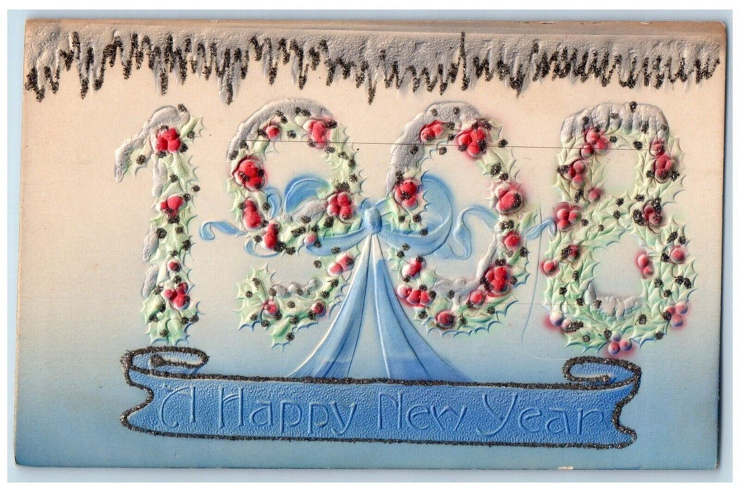 1908 Happy New Year Large Numbers Holly Berries Embossed Antique Postcard