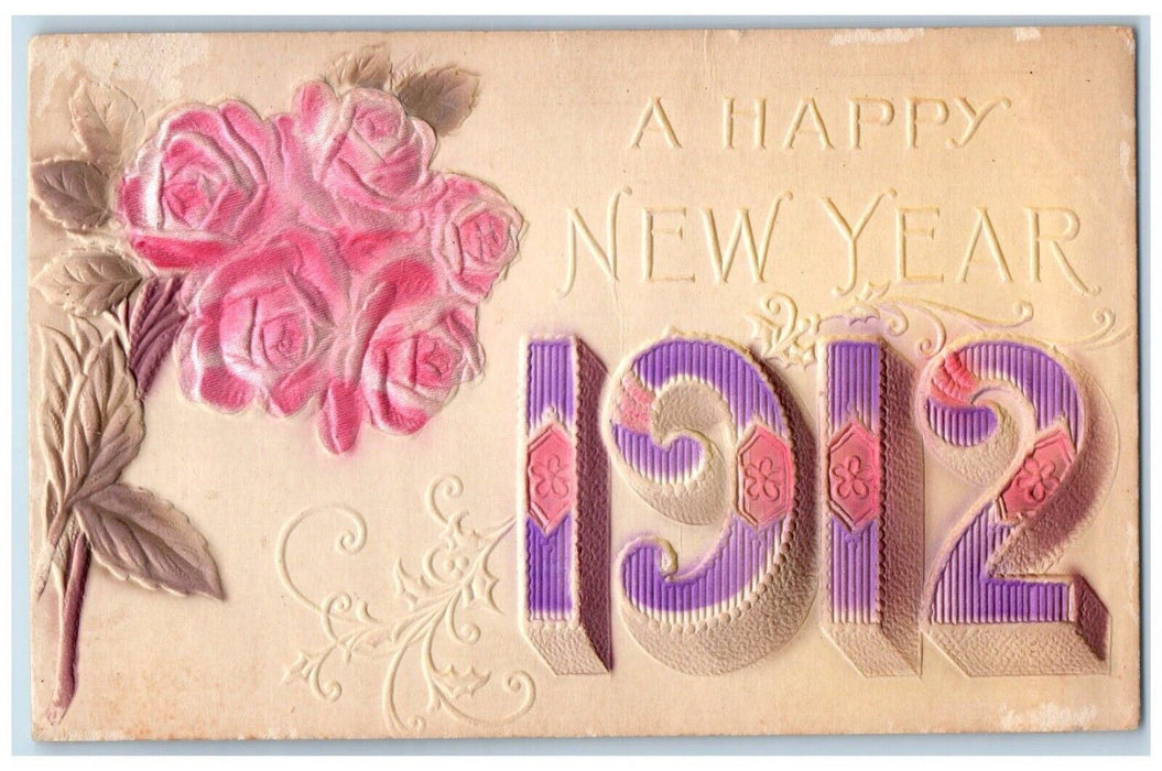 1912 Happy New Year Pink Flowers Airbrushed Embossed Unposted Antique Postcard