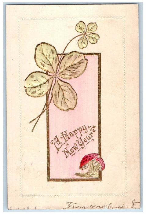 1905 Happy New Year Mushroom Clover Embossed Mount Joy PA Antique Postcard