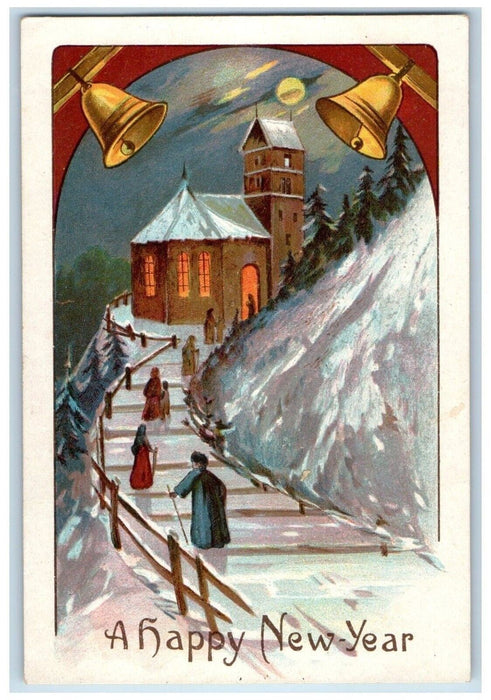 1907 Happy New Year Bell Church Winter Pine Trees Posted Antique Postcard