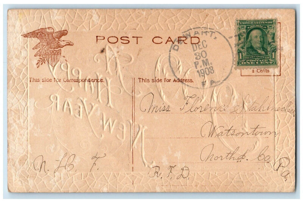 1908 Happy New Year Pine Leaf Sanders Embossed Dewart Pennsylvania PA Postcard