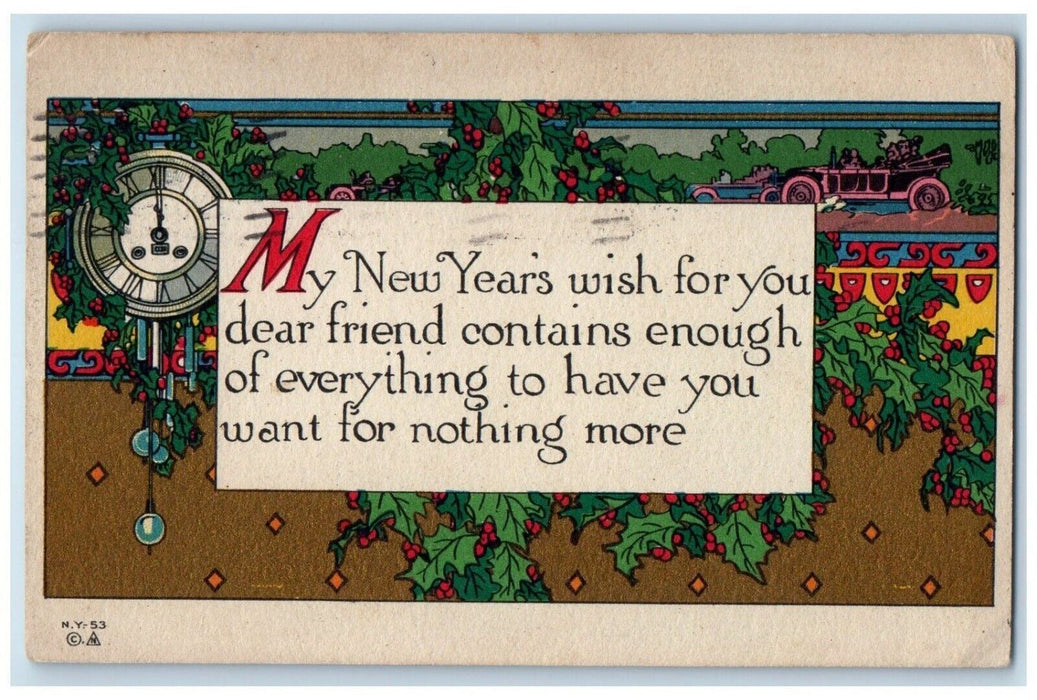1915 New Year Wishes Clock Holly Berries Arts Crafts Troy New York NY Postcard
