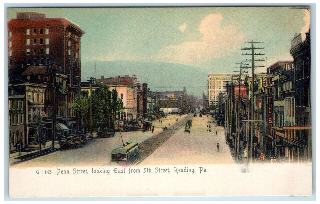 c1905 Trolley Car Penn Street Looking East Reading Pennsylvania PA Postcard