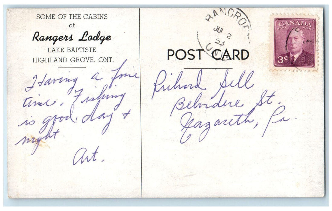 1953 Cabins at Rangers Lodge Lake Baptiste Canada Bancroft Ontario Postcard