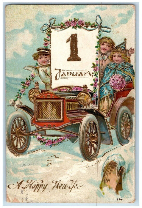 1908 New Year January 1 Angels Riding Car Flowers Winter Wyalusing PA Postcard