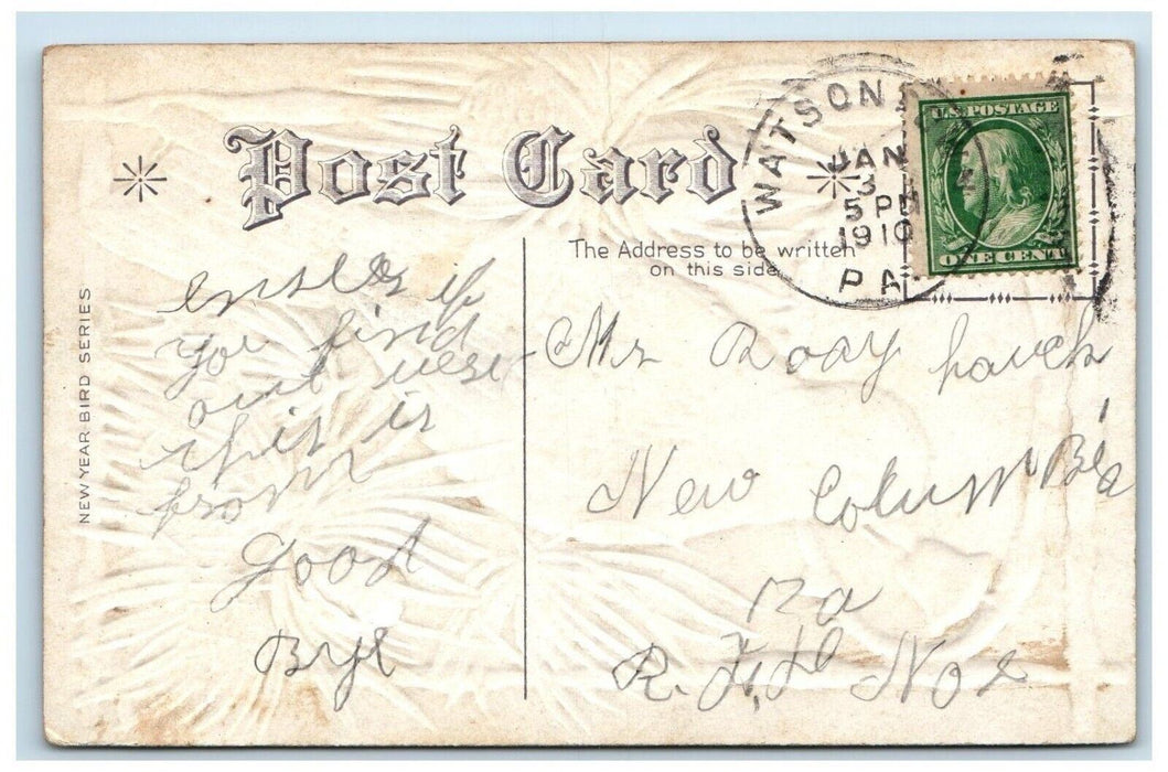 1910 New Year Bird Bell Pine Cone House Winter Watsontown PA Nash Postcard