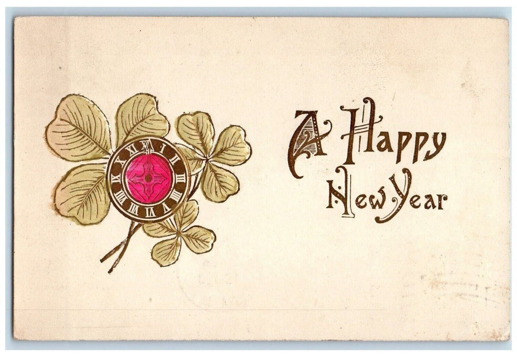 1907 Happy New Year Shamrock Clock Embossed New York NY Antique Postcard