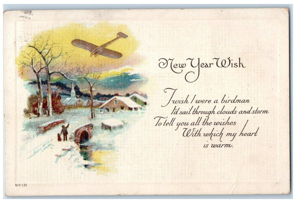c1910's New Year Wishes Airplane House Church Winter Snow Antique Postcard