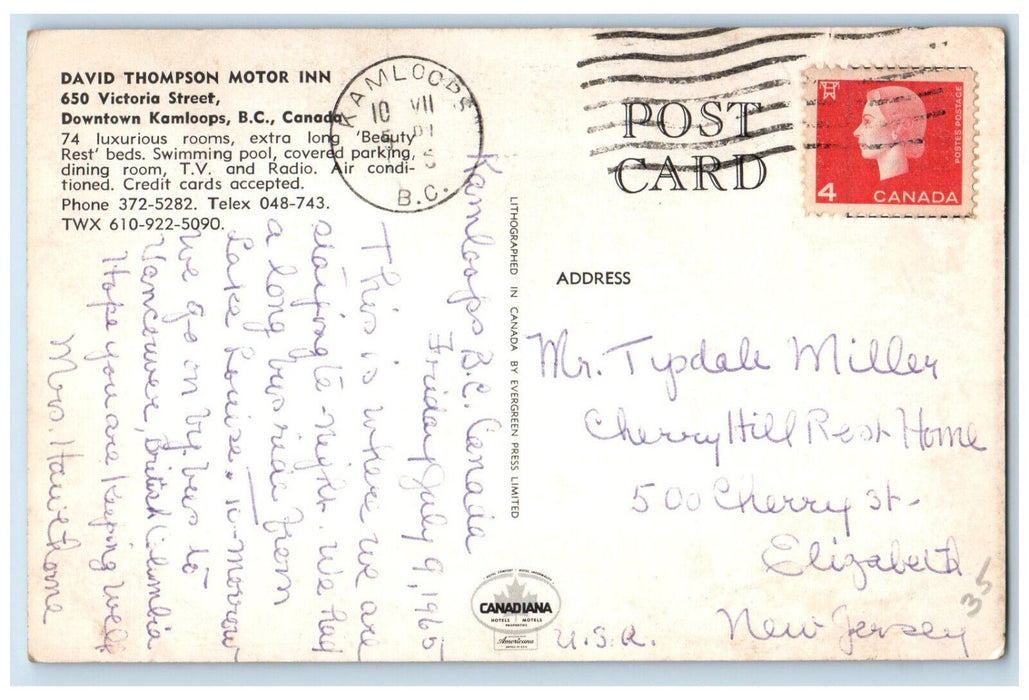 1965 Kamloops David Thompson Motor Inn British Columbia Canada Posted Postcard