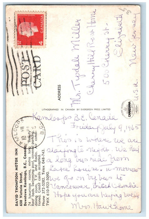 1965 Kamloops David Thompson Motor Inn British Columbia Canada Posted Postcard