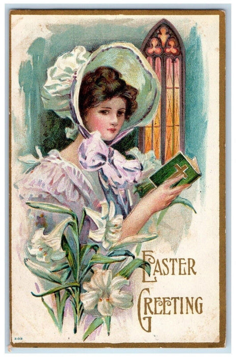1909 Easter Greeting Pretty Woman Holly Book Embossed Posted Antique Postcard
