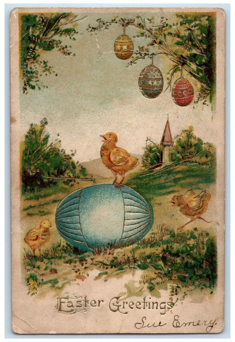 1908 Easter Greetings Chick On Top Of Egg Embossed Posted Antique Postcard