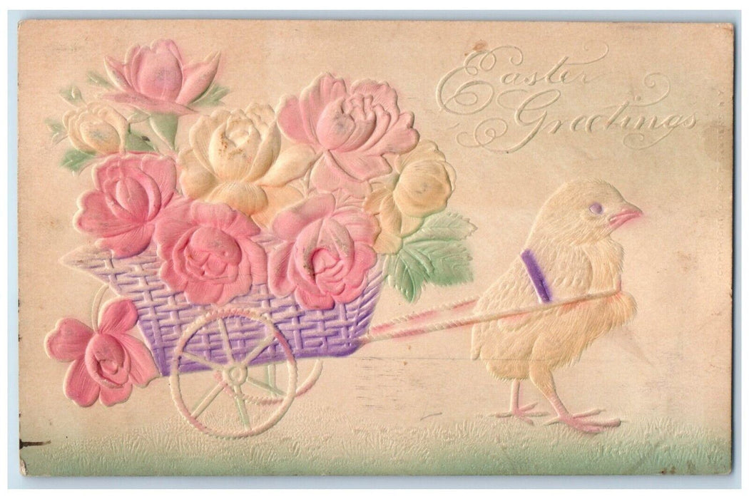 1908 Easter Greetings Chick Pulling Cart Flowers Airbrushed Embossed Postcard