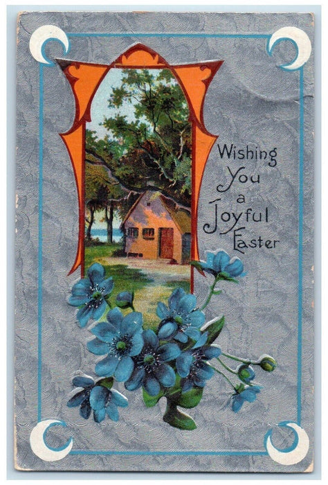 c1910's Joyful Easter Flowers House And Trees View Embossed Antique Postcard