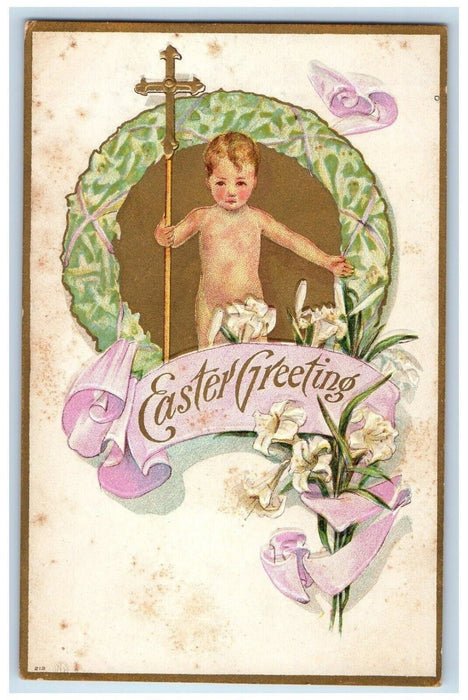 c1910's Easter Greeting Holy Cross Religious Lily Flowers Embossed Postcard