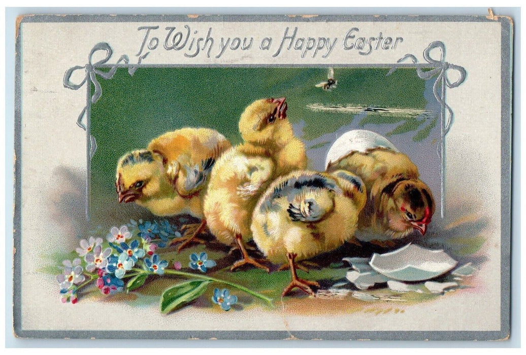 1910 Happy Easter Hatched Egg Chicks Pansies Flowers Tuck's Embossed Postcard